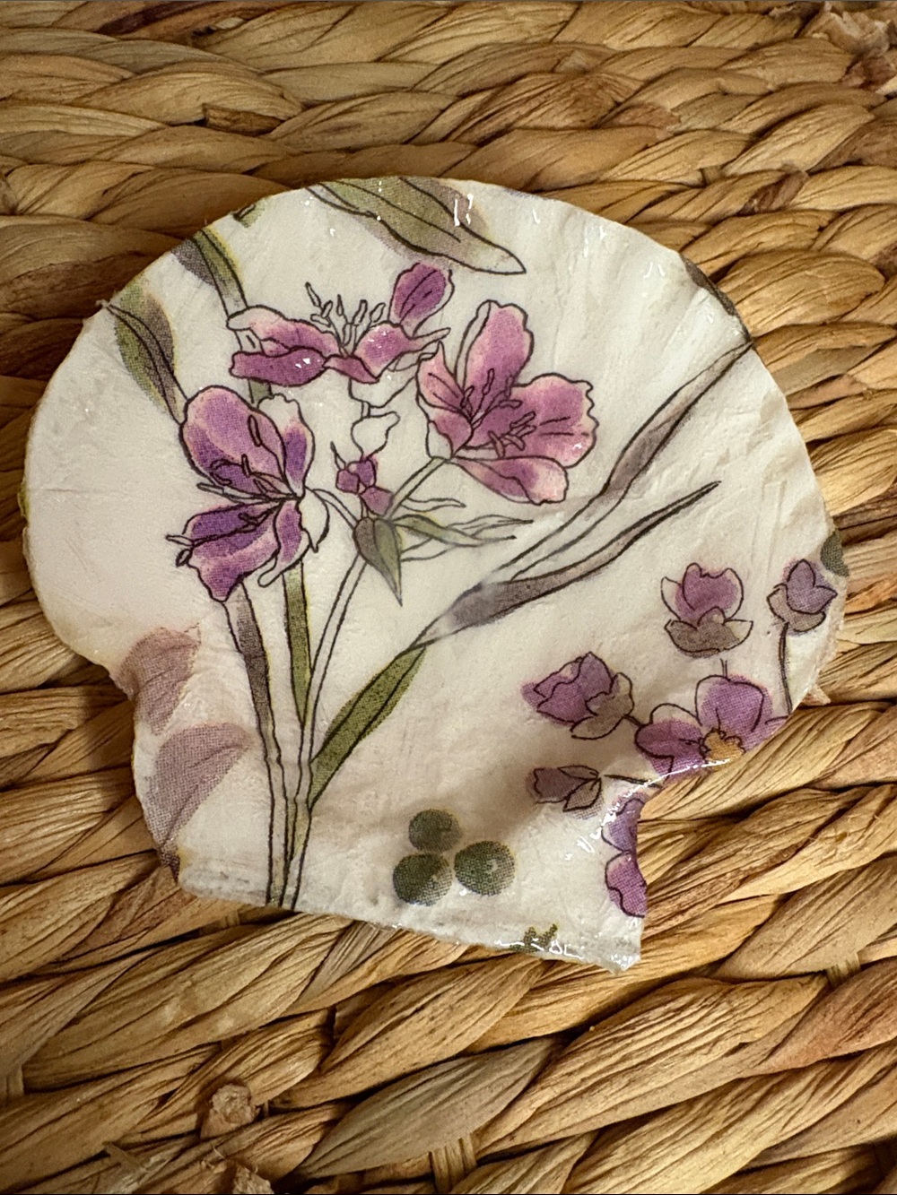 Hand Crafted Purple Floral Shell Trinket Bowl Dish